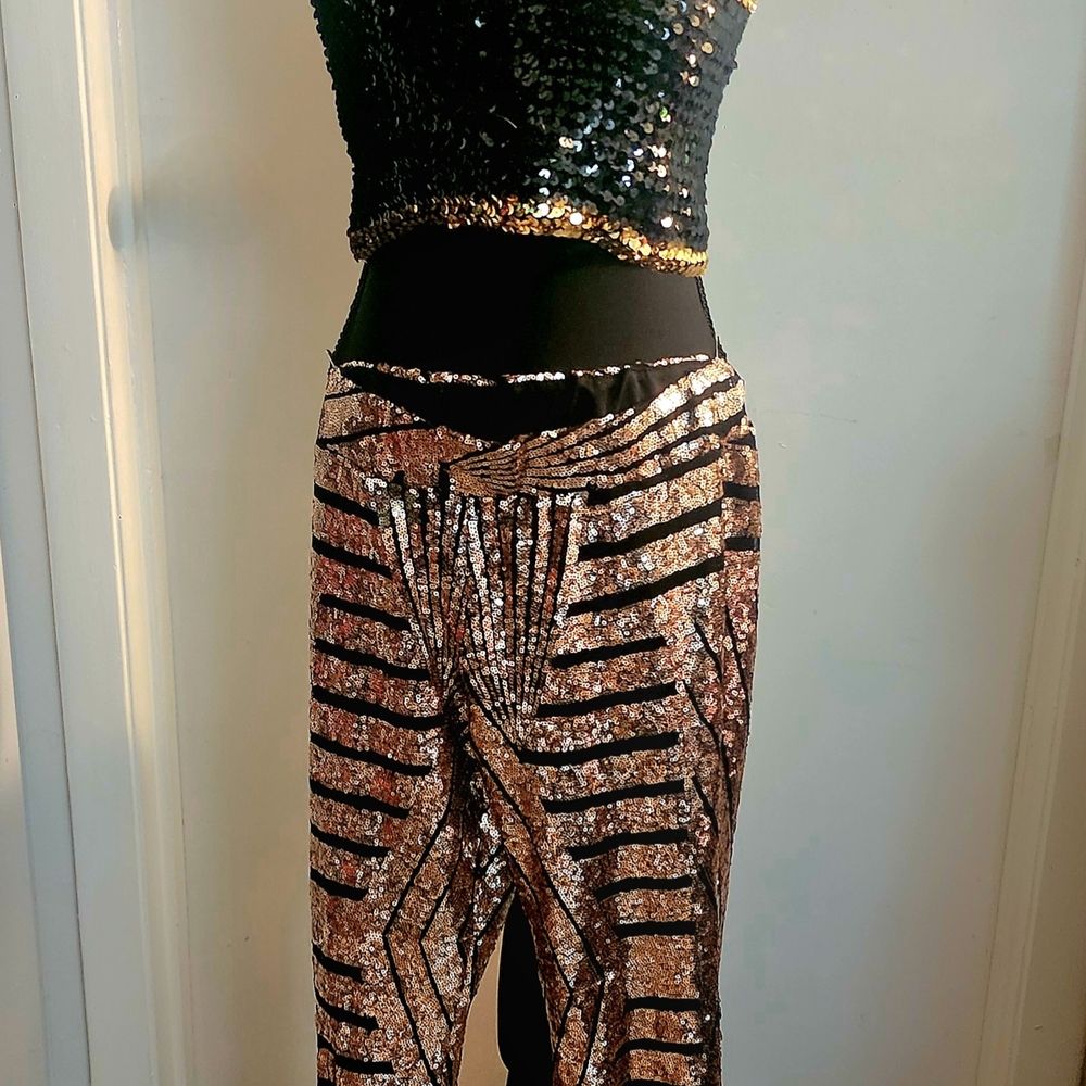 Sequin Striped Jumpsuit - Black and Gold
